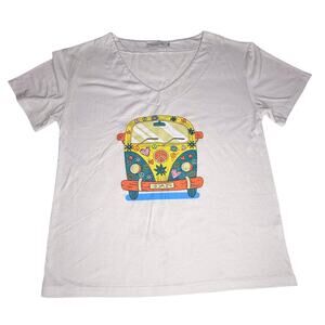 Peace Hippie Graphic Tee Beach Bus Womens Med White V-Neck T Shirt Vtg 80s
